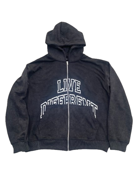 Live Different Acid Wash Zip Up Hoodie