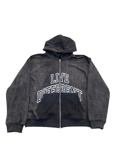 Live Different Acid Wash Zip Up Hoodie